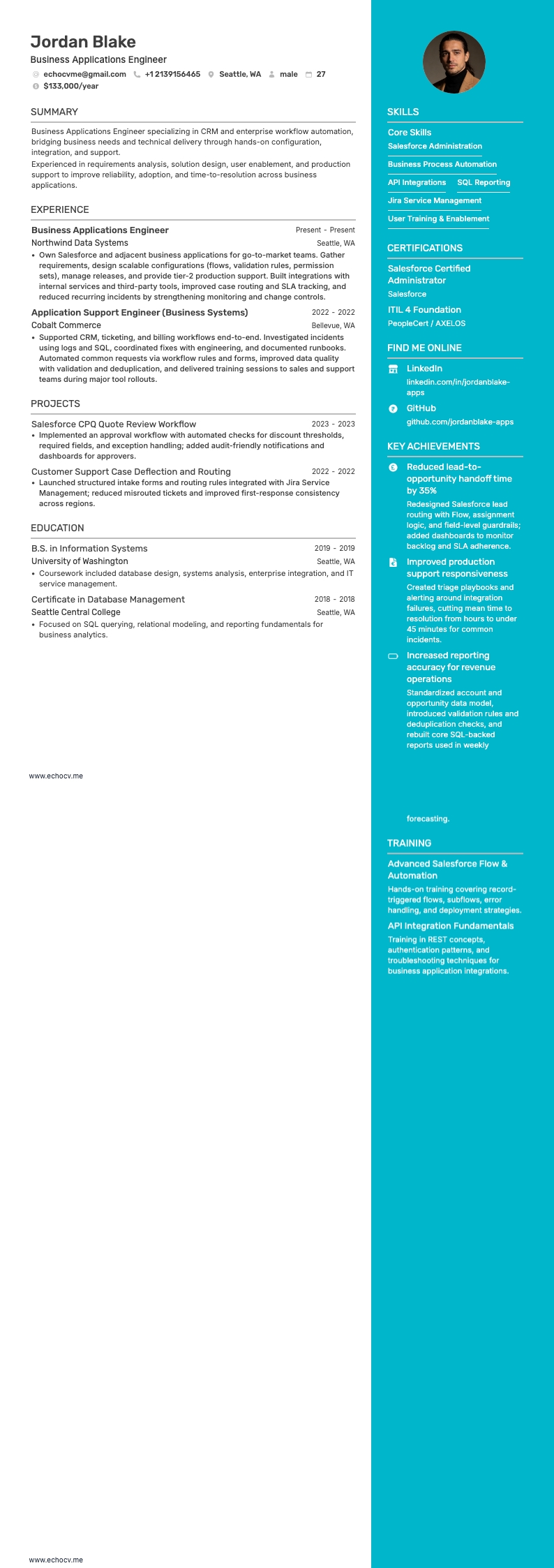 Business Applications Engineer example resume