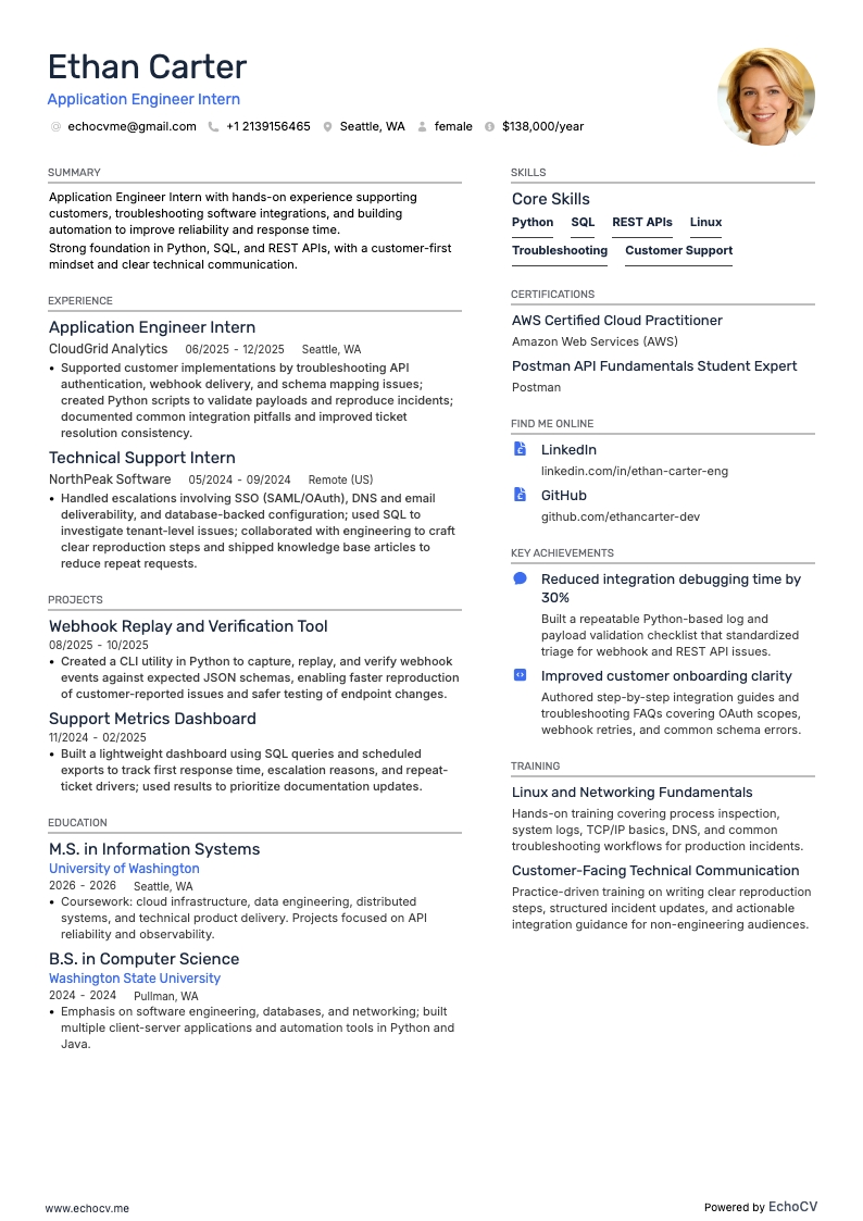 Application Engineer Intern example resume