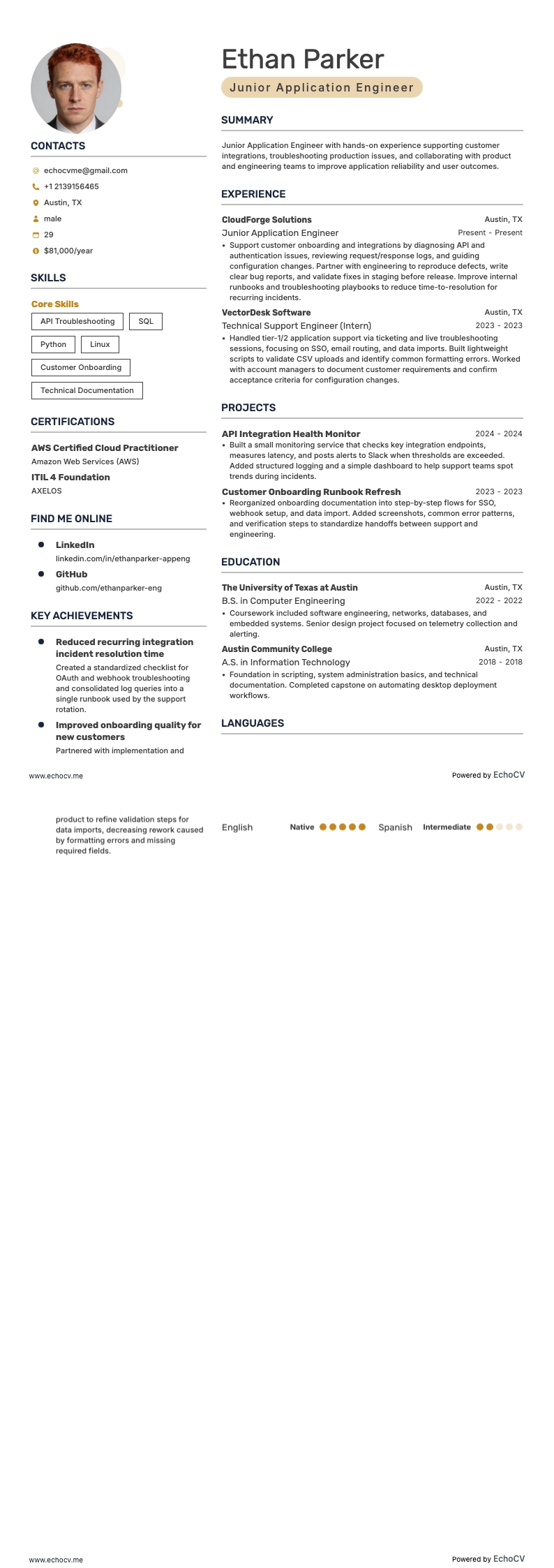 Junior Application Engineer example resume