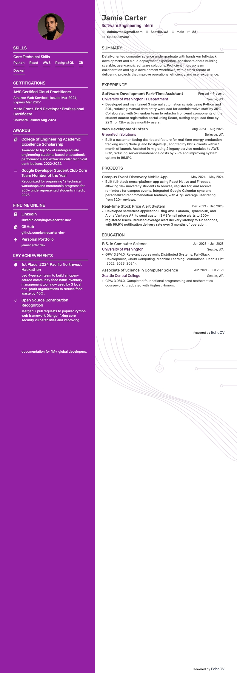 소프트웨어 엔지니어링 인턴 example resume