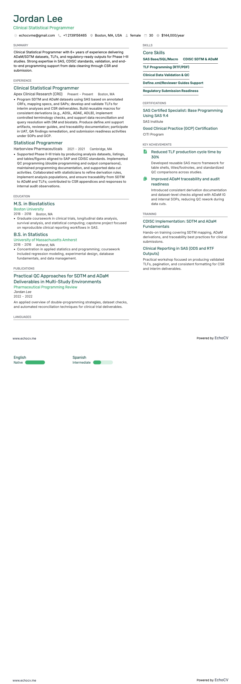 Clinical Statistical Programmer example resume