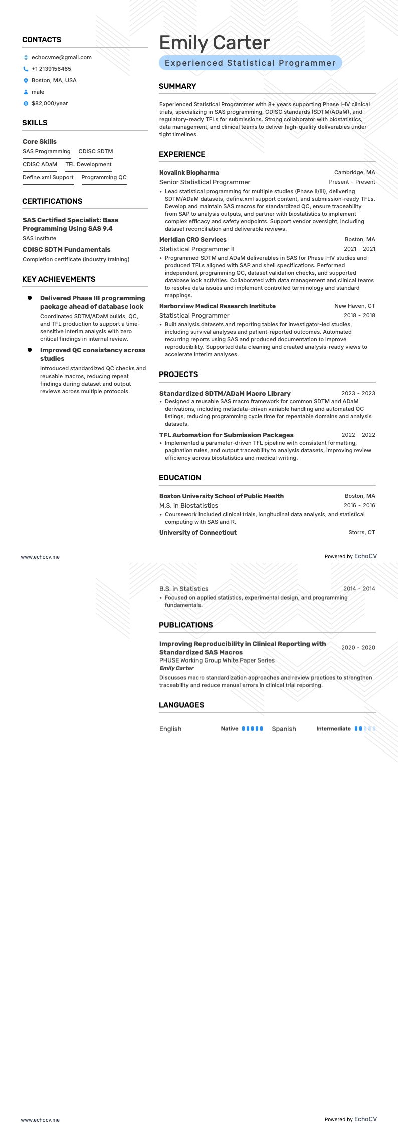 Experienced Statistical Programmer example resume