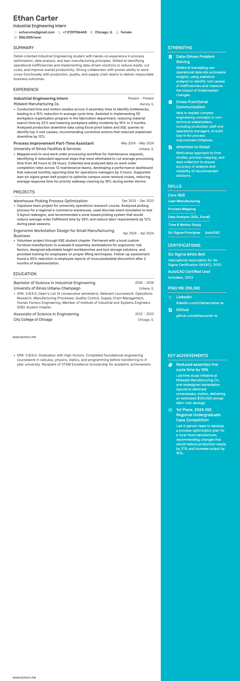 산업공학 인턴 example resume