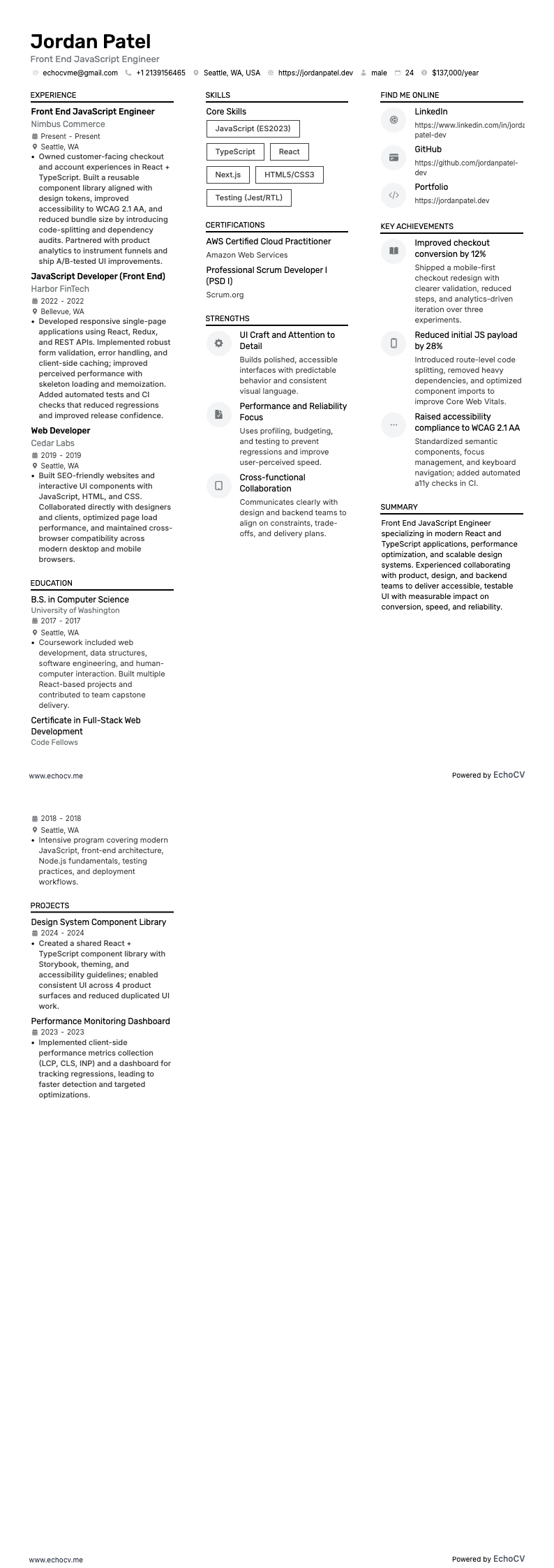 Front End JavaScript Engineer example resume