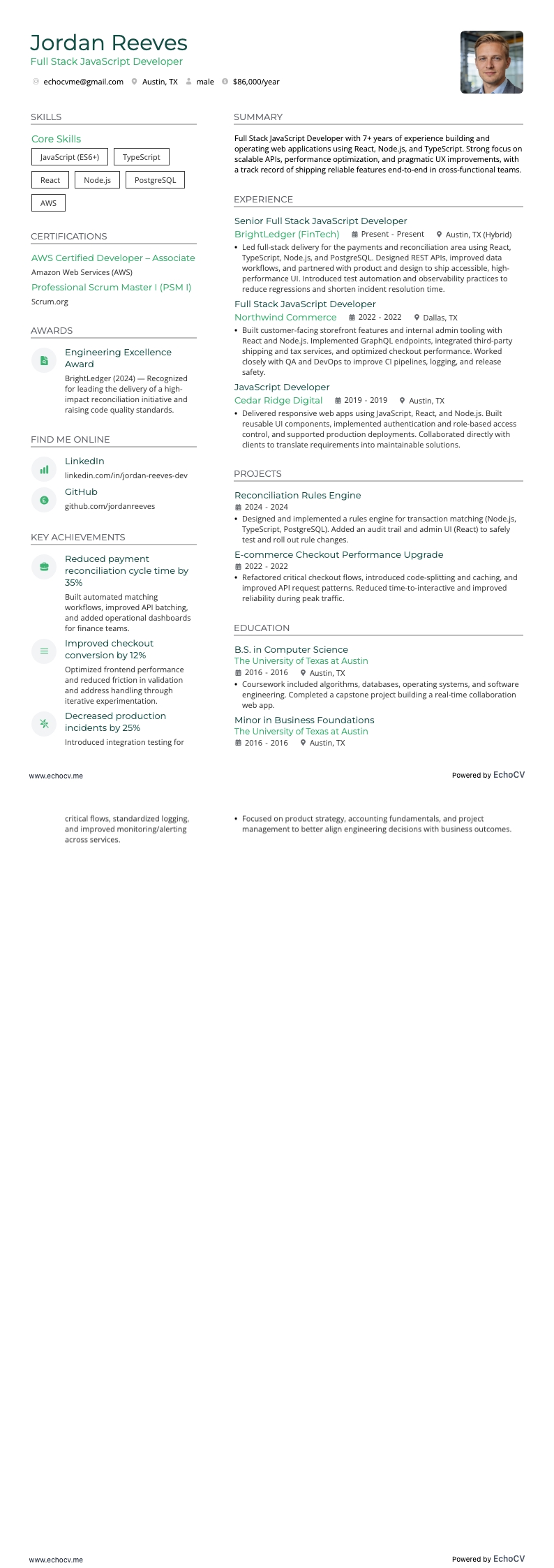 Full Stack JavaScript Developer example resume