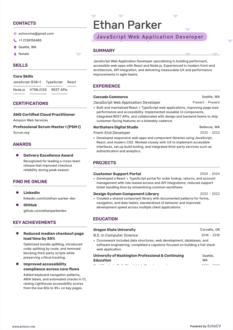 JavaScript Web Application Developer example resume