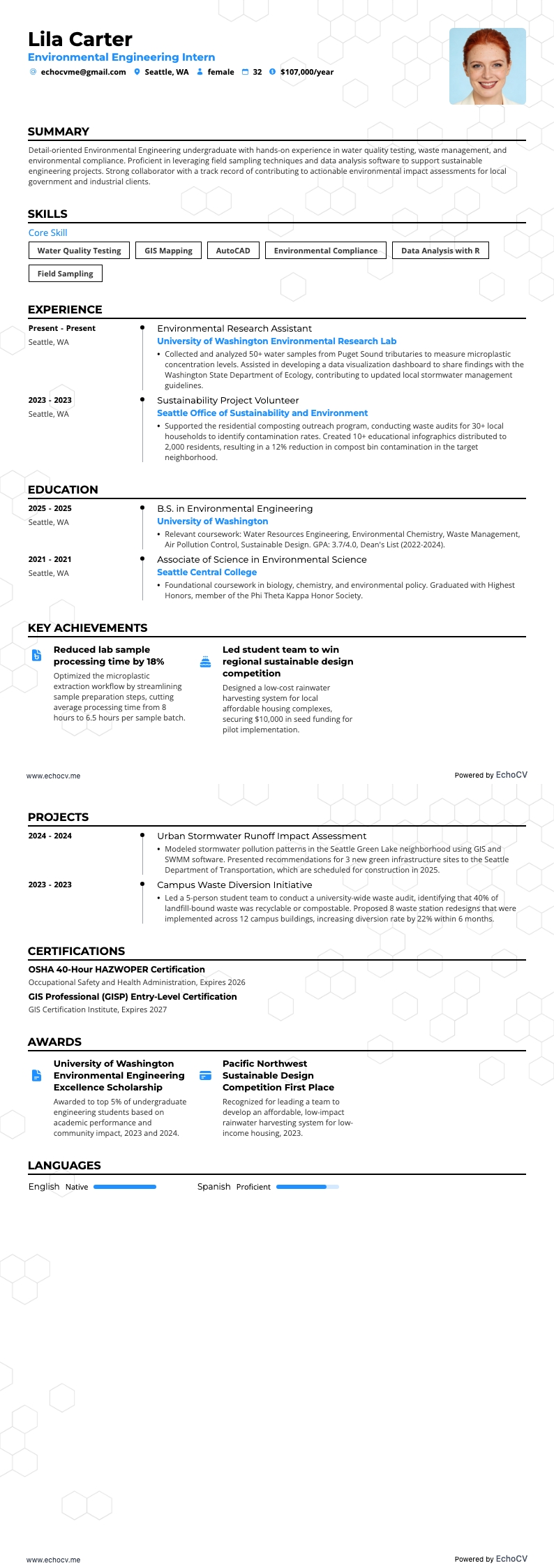 환경공학 인턴 example resume