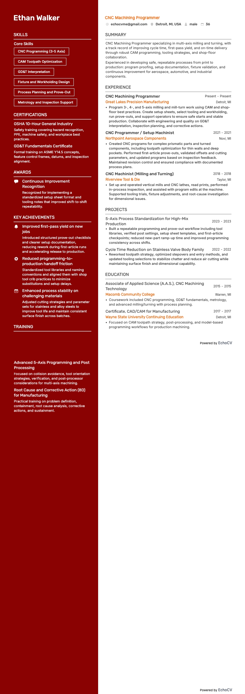CNC Machining Programmer example resume