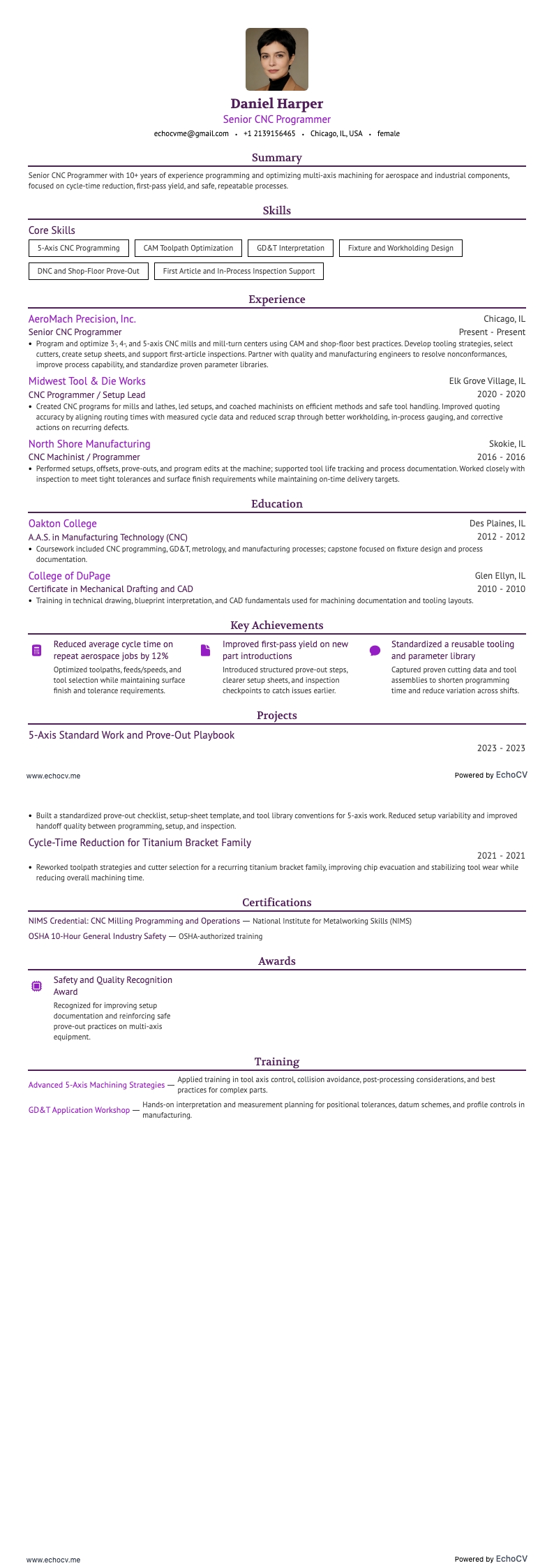 Senior CNC Programmer example resume