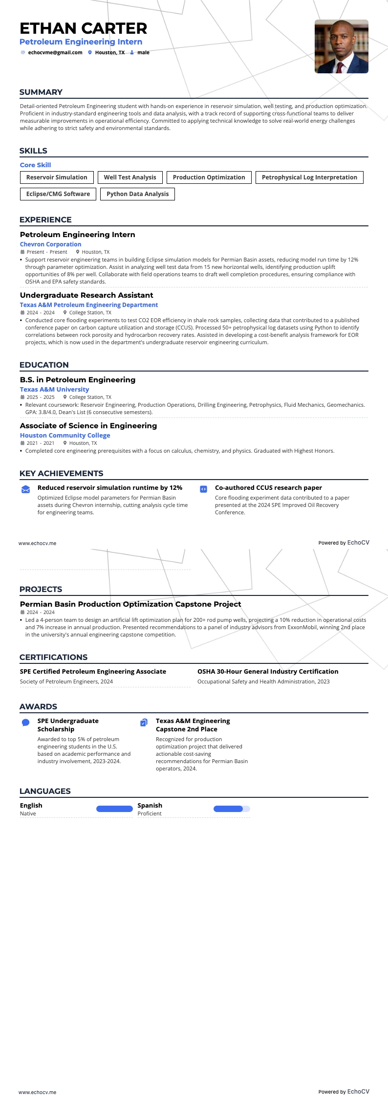 석유공학 인턴 example resume