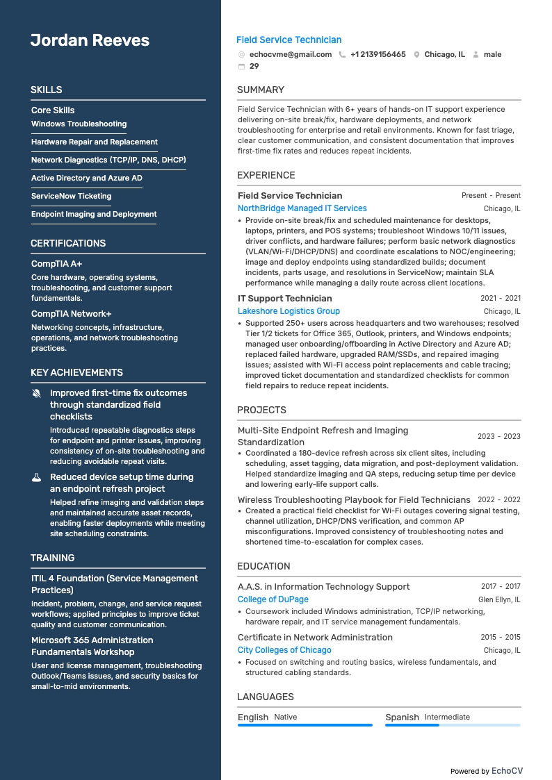 Field Service Technician example resume