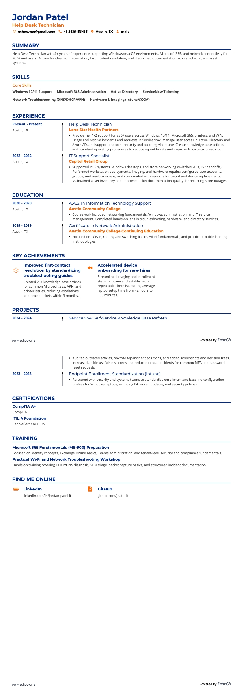 Help Desk Technician example resume