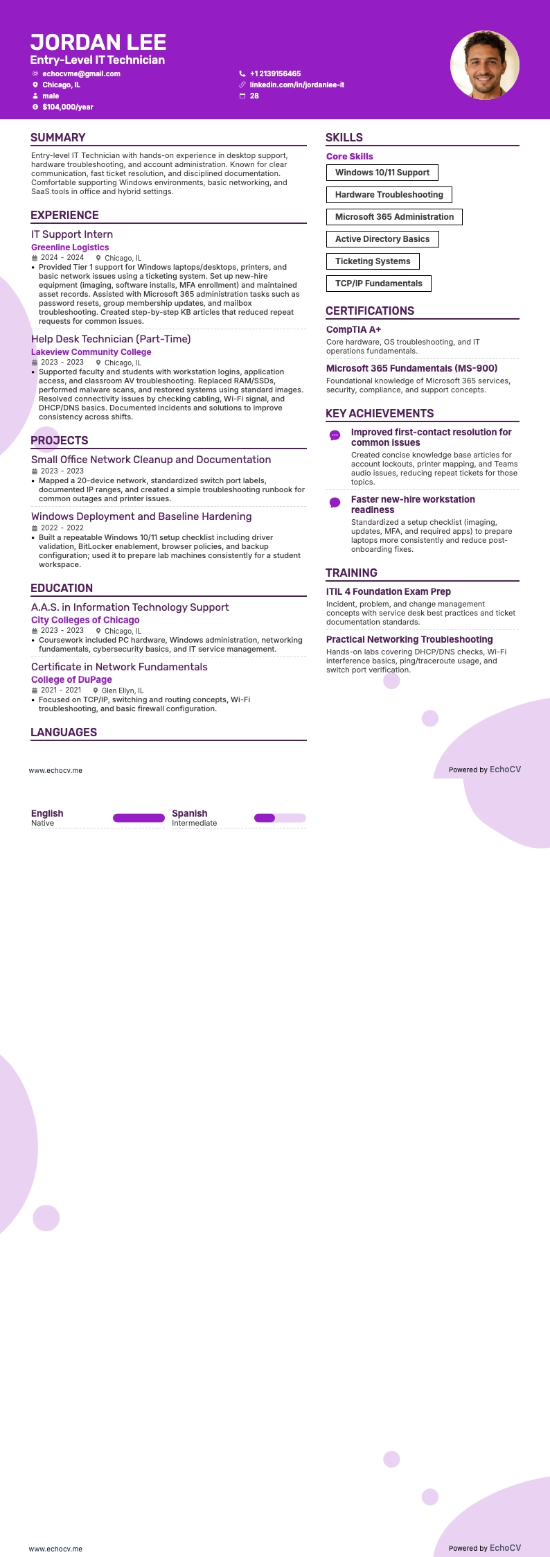 Entry-Level IT Technician example resume