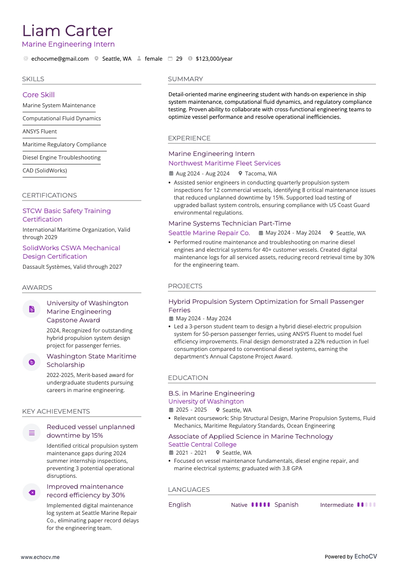 해양공학 인턴 example resume