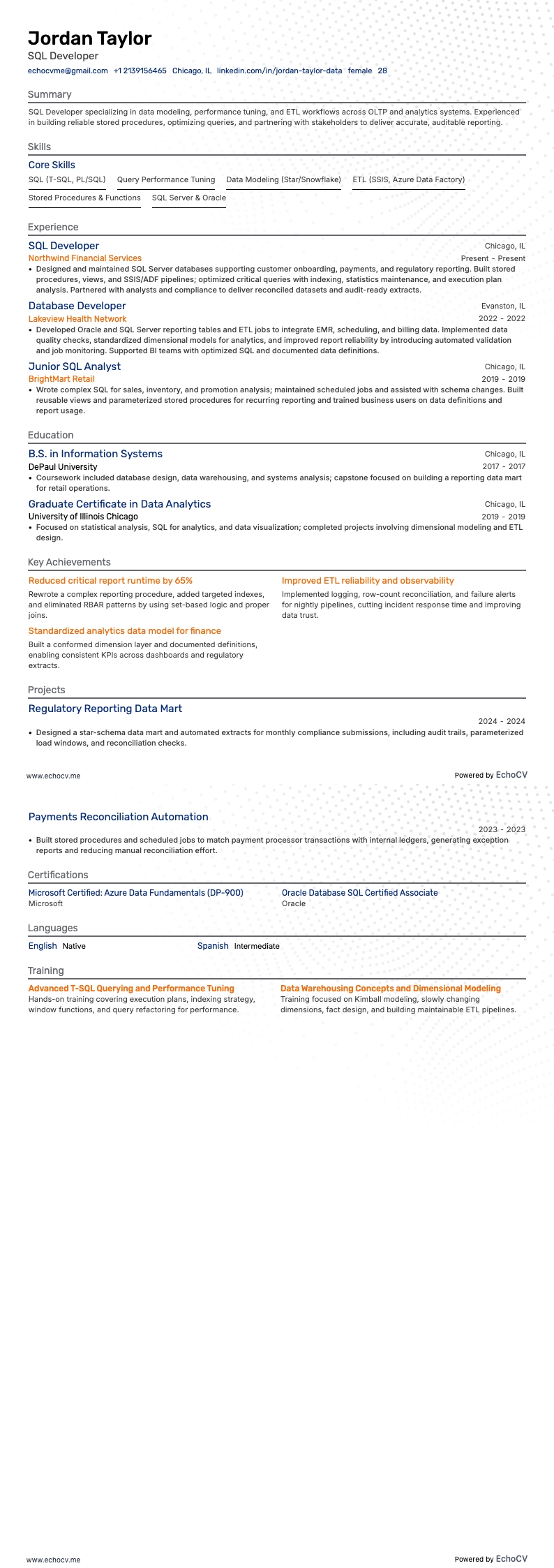 SQL Developer example resume