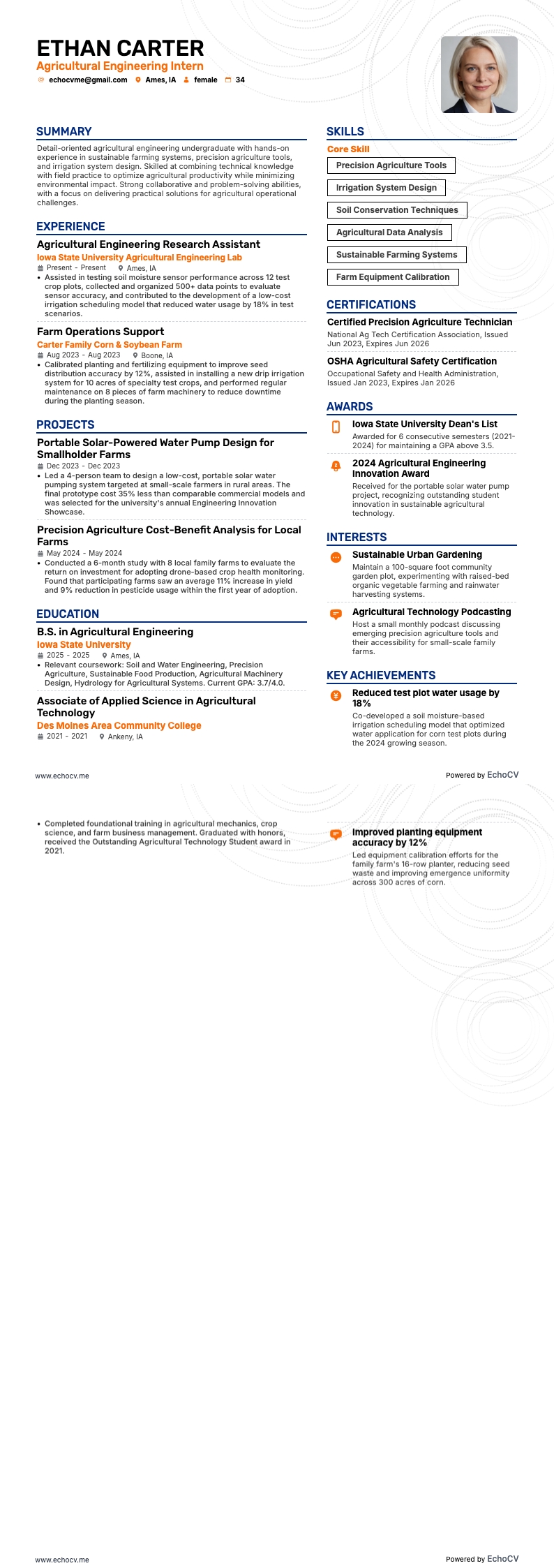 농업공학 인턴 example resume