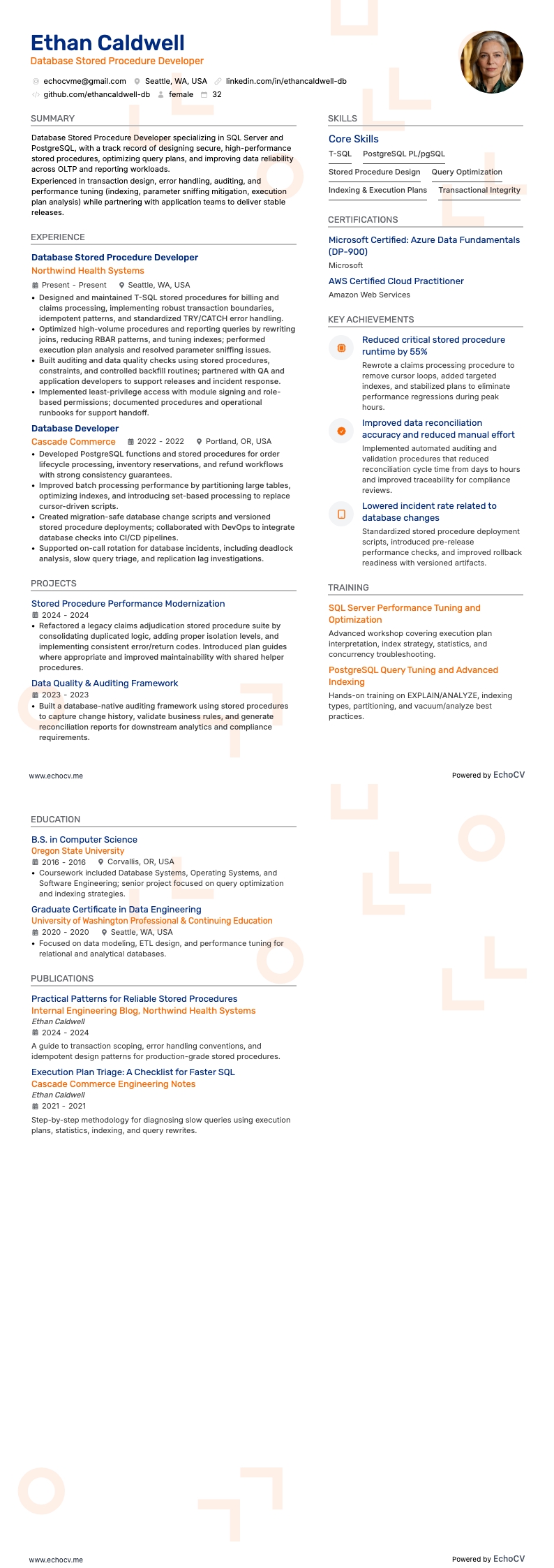 Database Stored Procedure Developer example resume