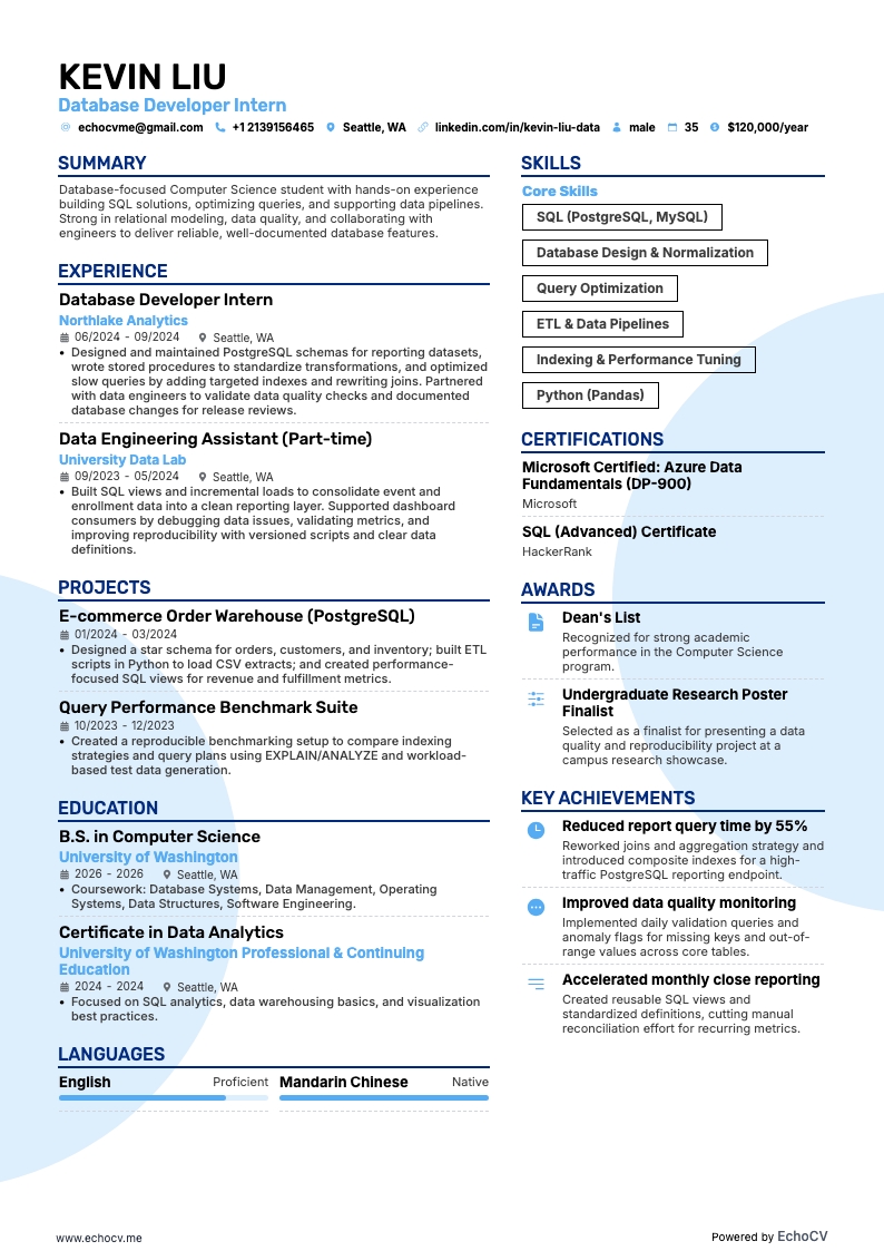 Database Developer Intern example resume