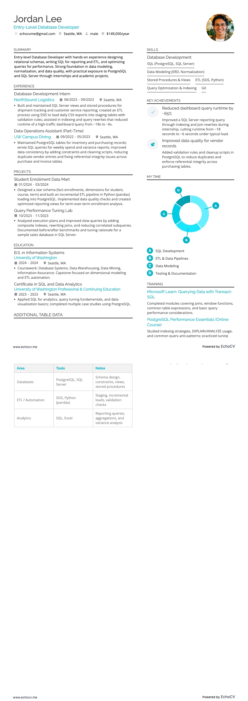 Entry-Level Database Developer example resume