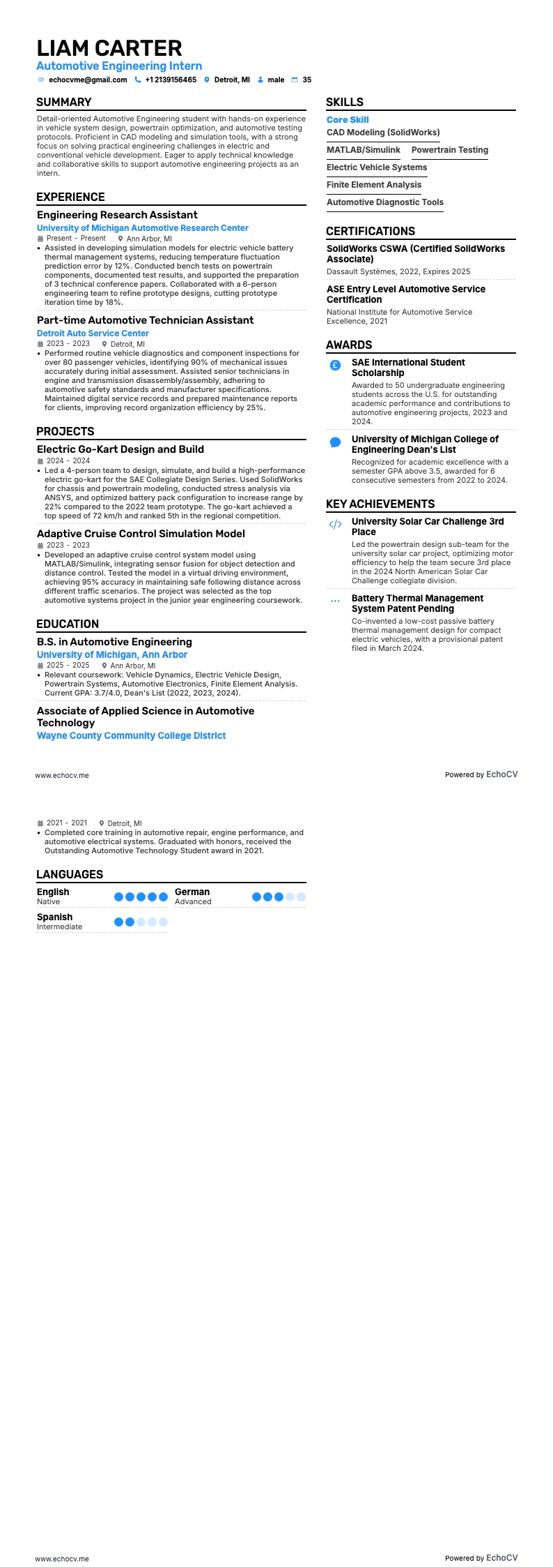 자동차 공학 인턴 example resume