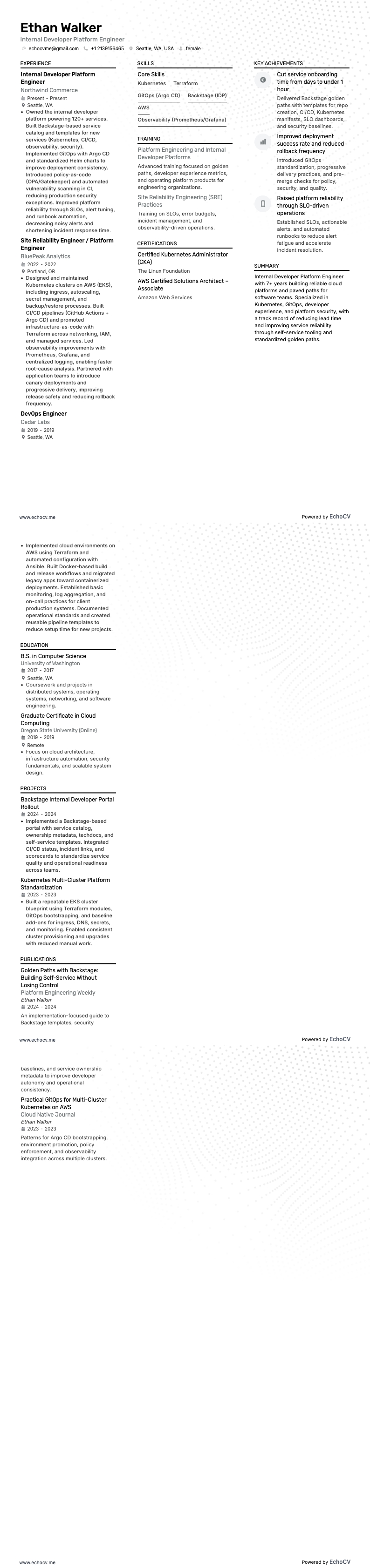 Internal Developer Platform Engineer example resume