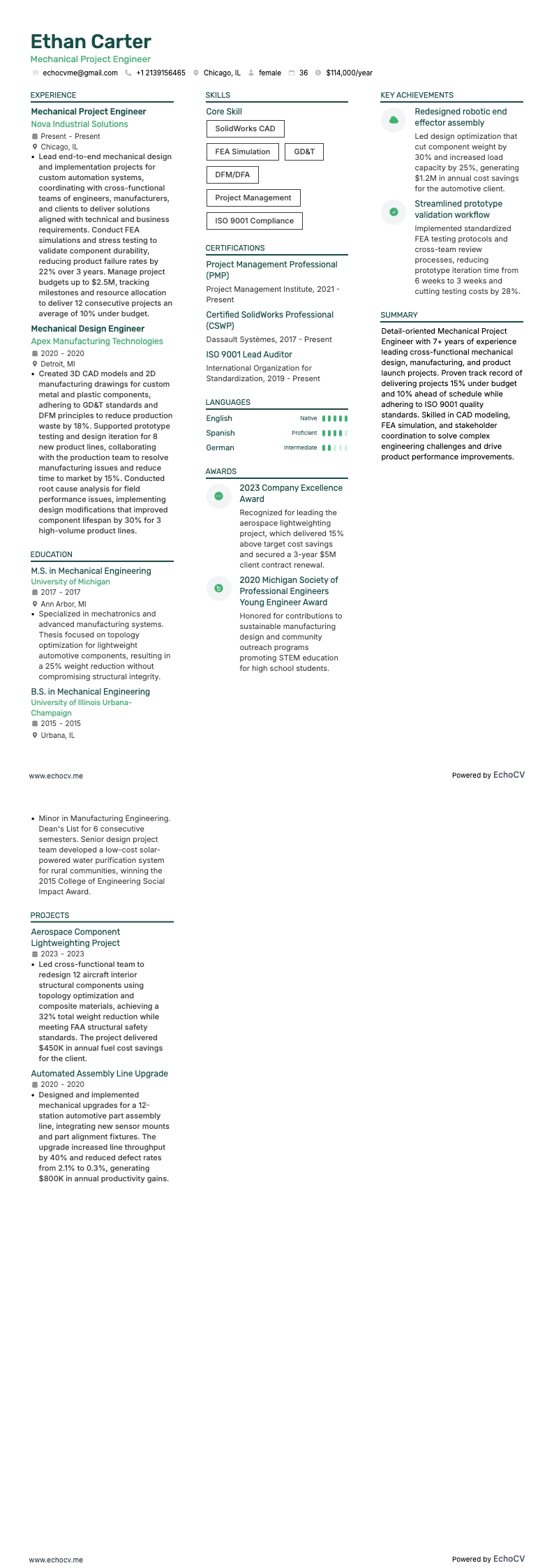 Mekanisk projektingenjör example resume