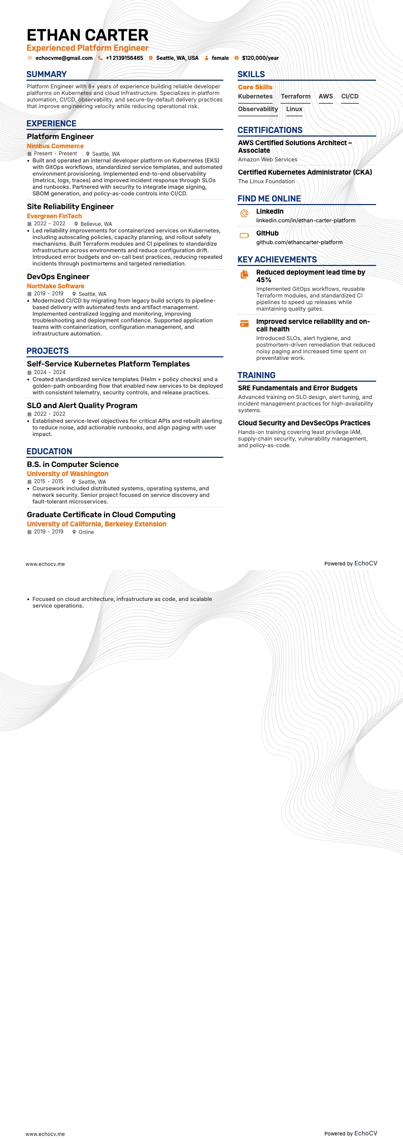 Experienced Platform Engineer example resume