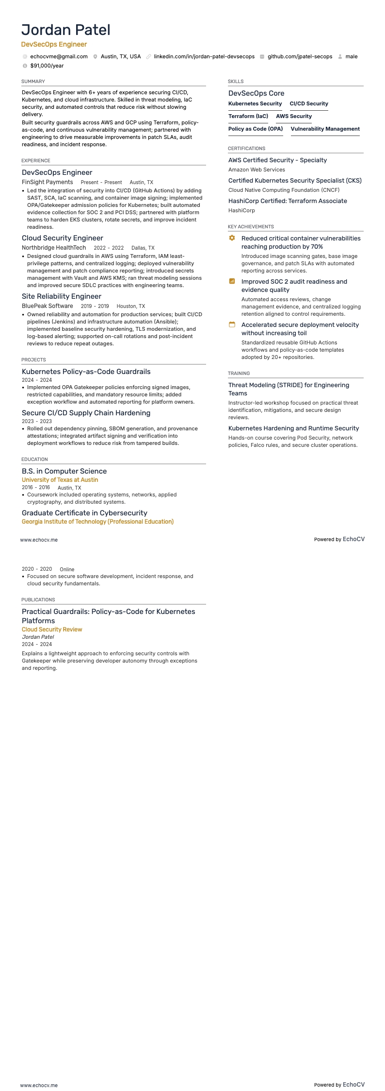 DevSecOps Engineer example resume