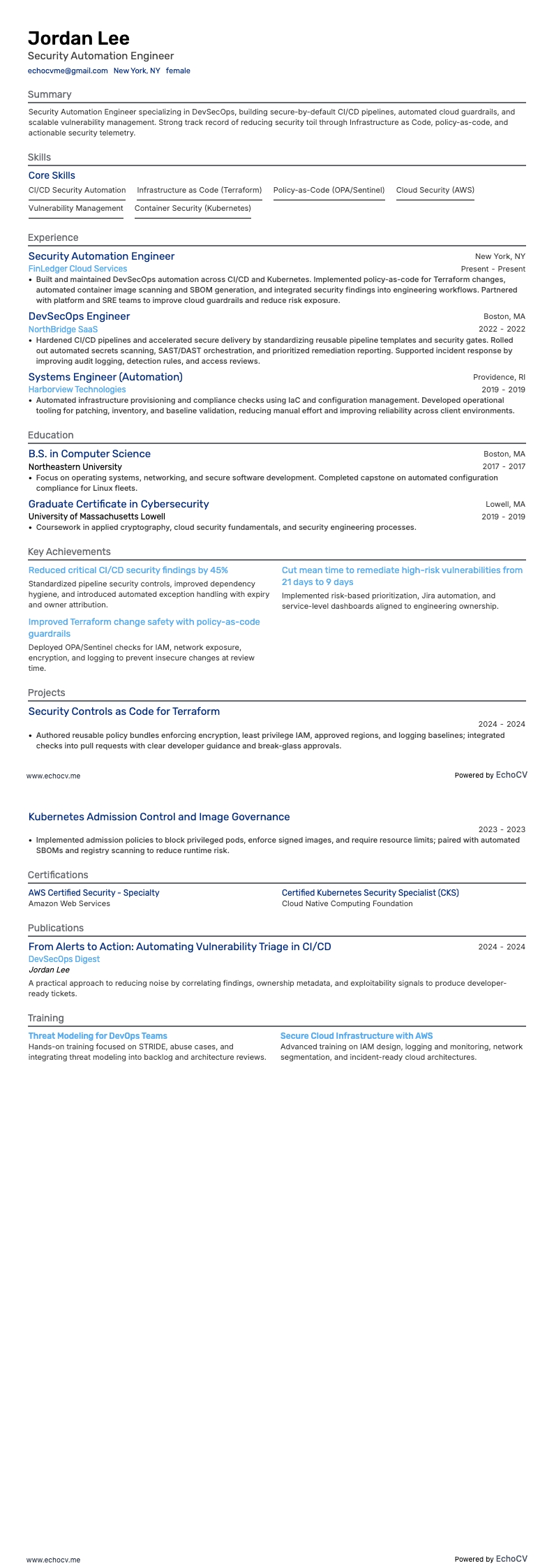 Security Automation Engineer example resume