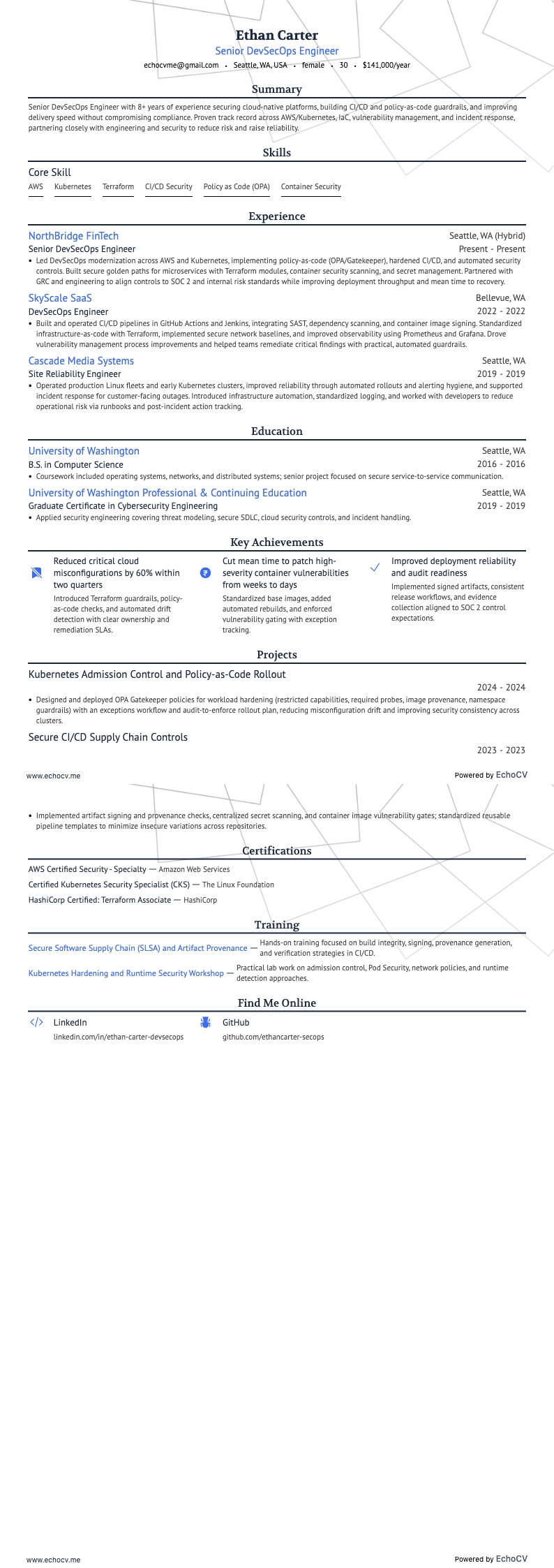 Senior DevSecOps Engineer example resume