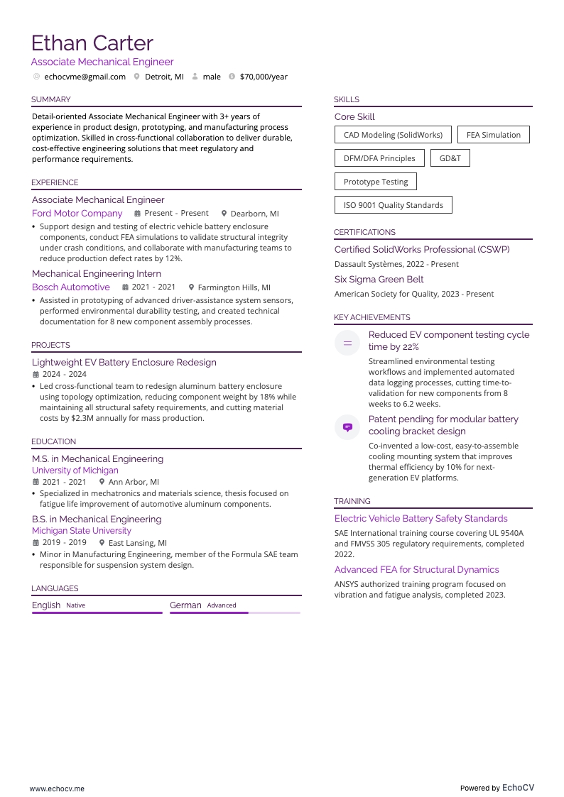 Biträdande maskiningenjör example resume