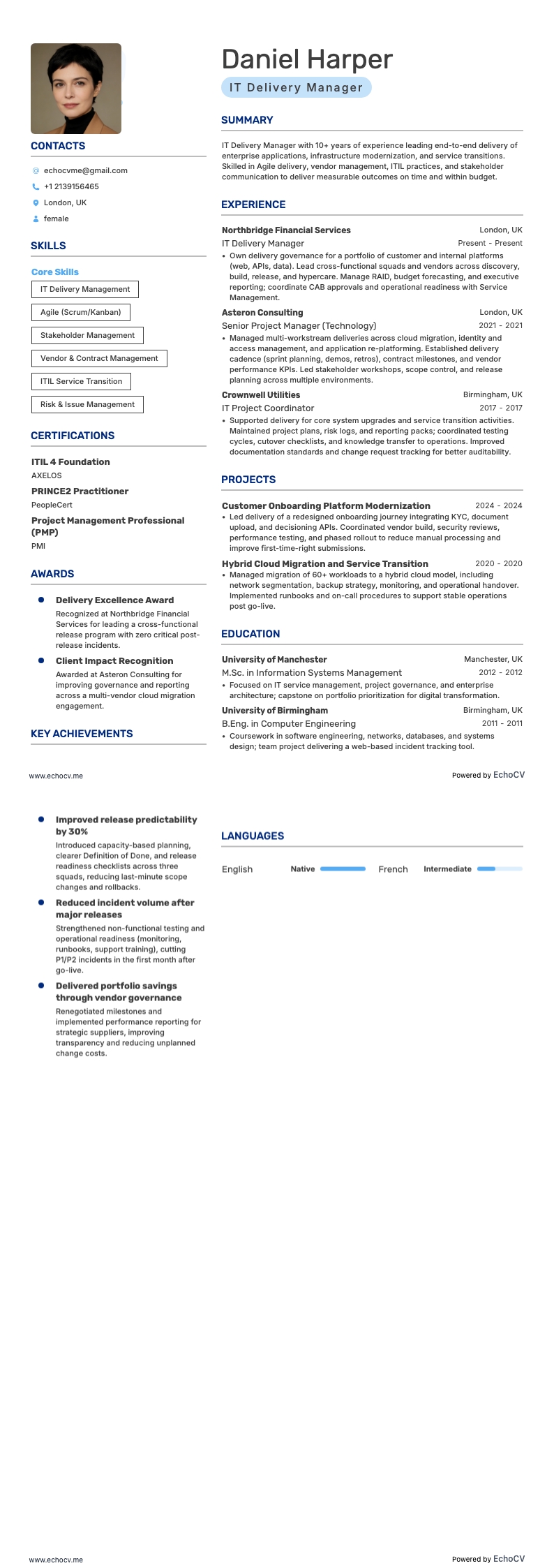 IT Delivery Manager example resume