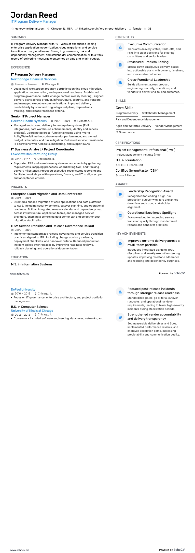 IT Program Delivery Manager example resume
