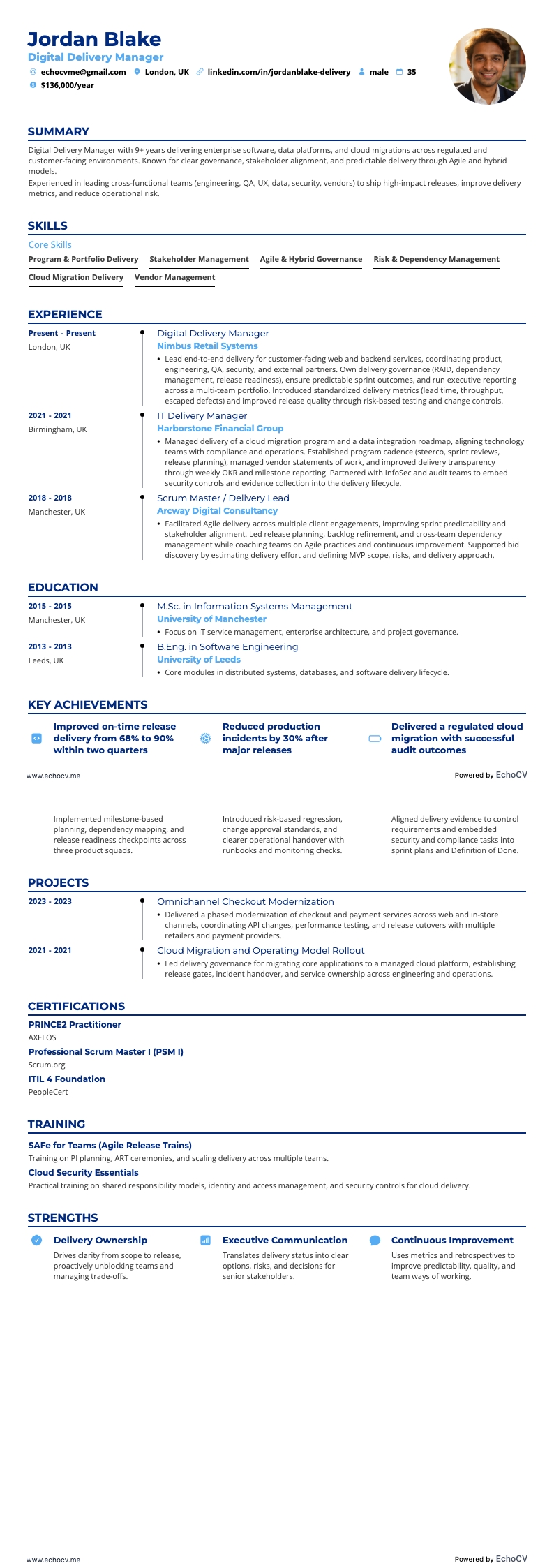 Digital Delivery Manager example resume