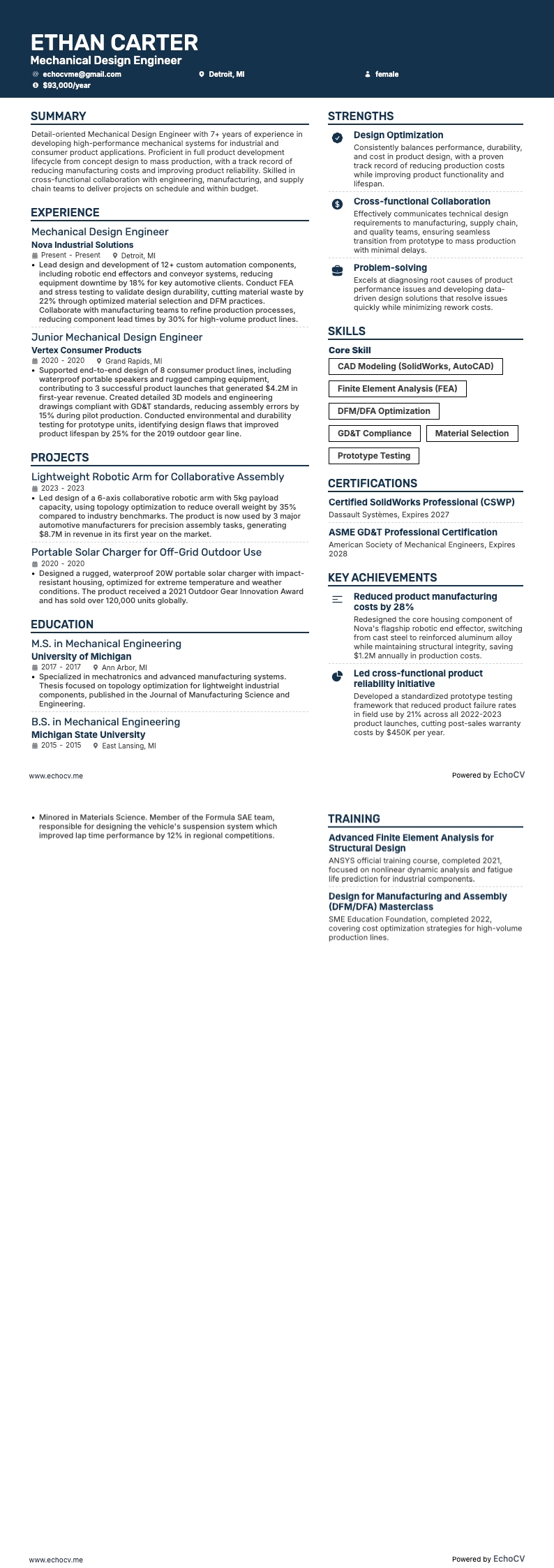 Mekanikkonstruktör example resume