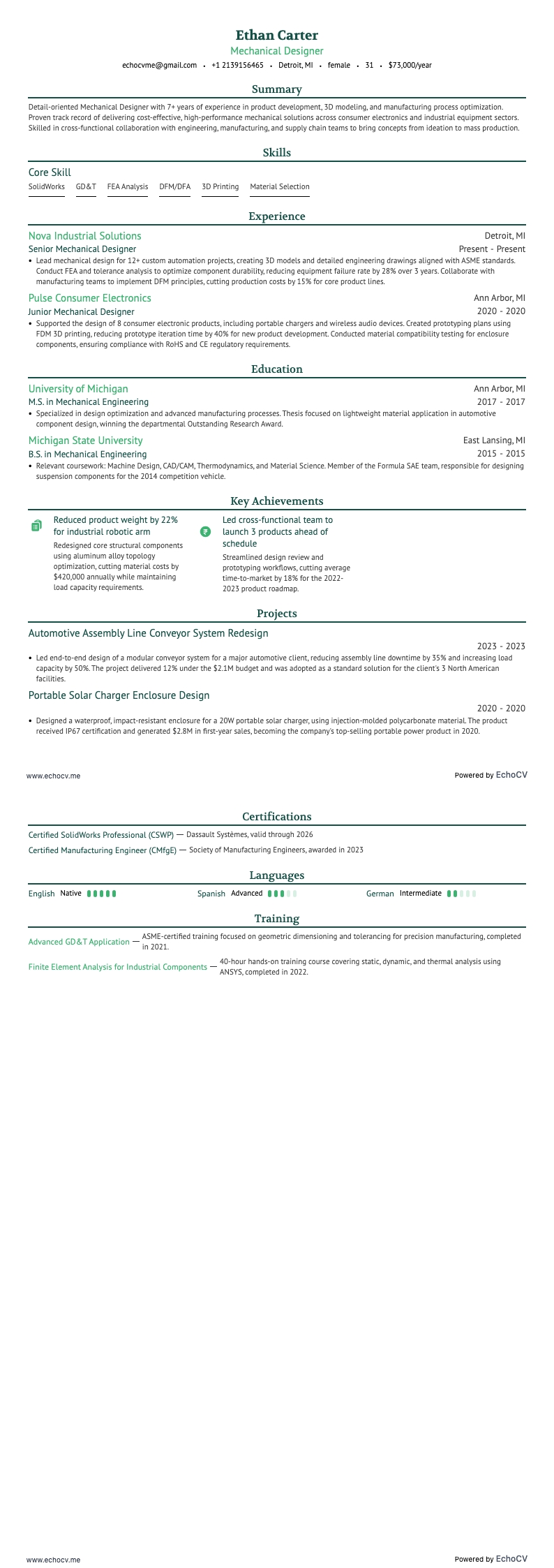 Mekanisk konstruktör example resume