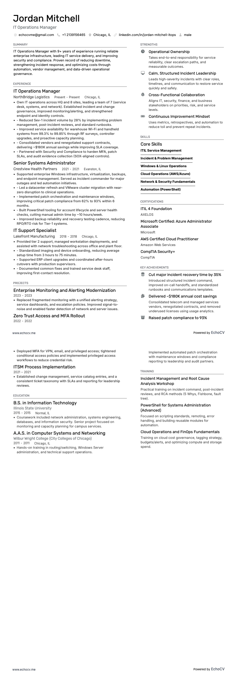 IT Operations Manager example resume