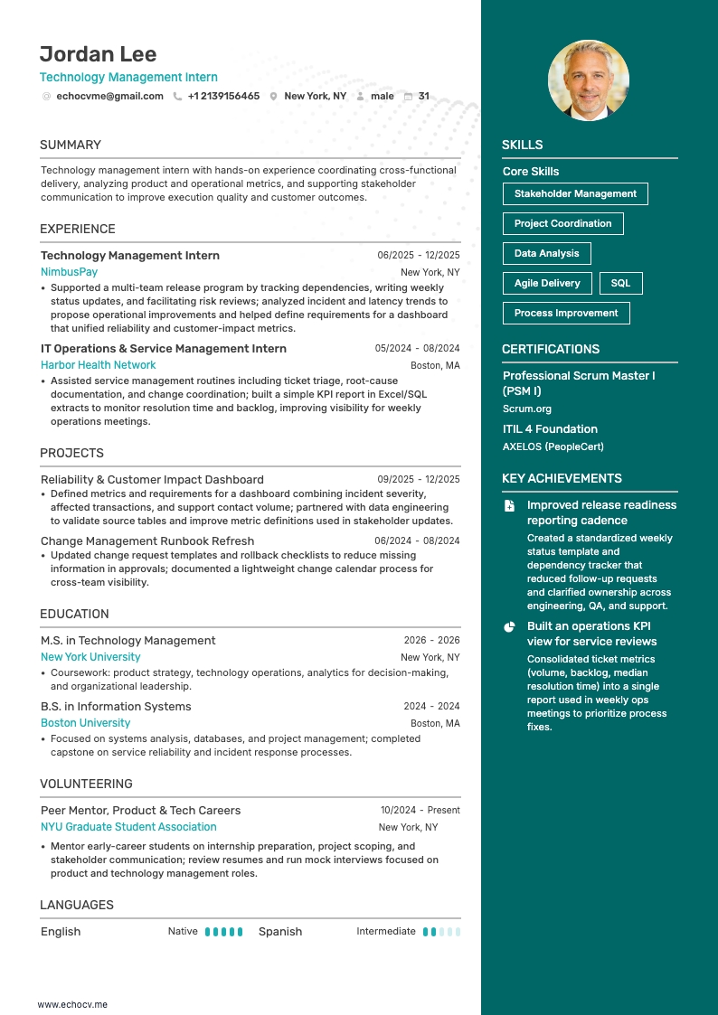 Technology Management Intern example resume