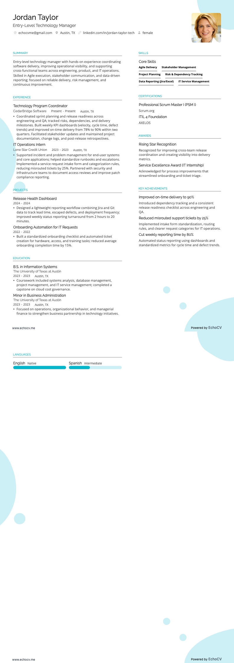 Entry-Level Technology Manager example resume