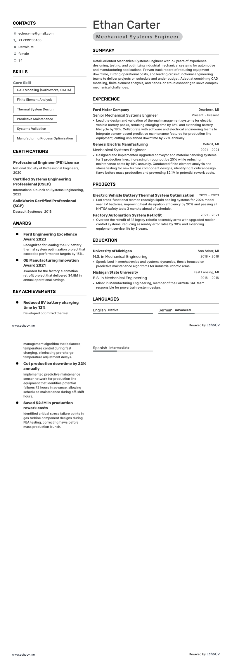 Ingenjör inom mekaniska system example resume