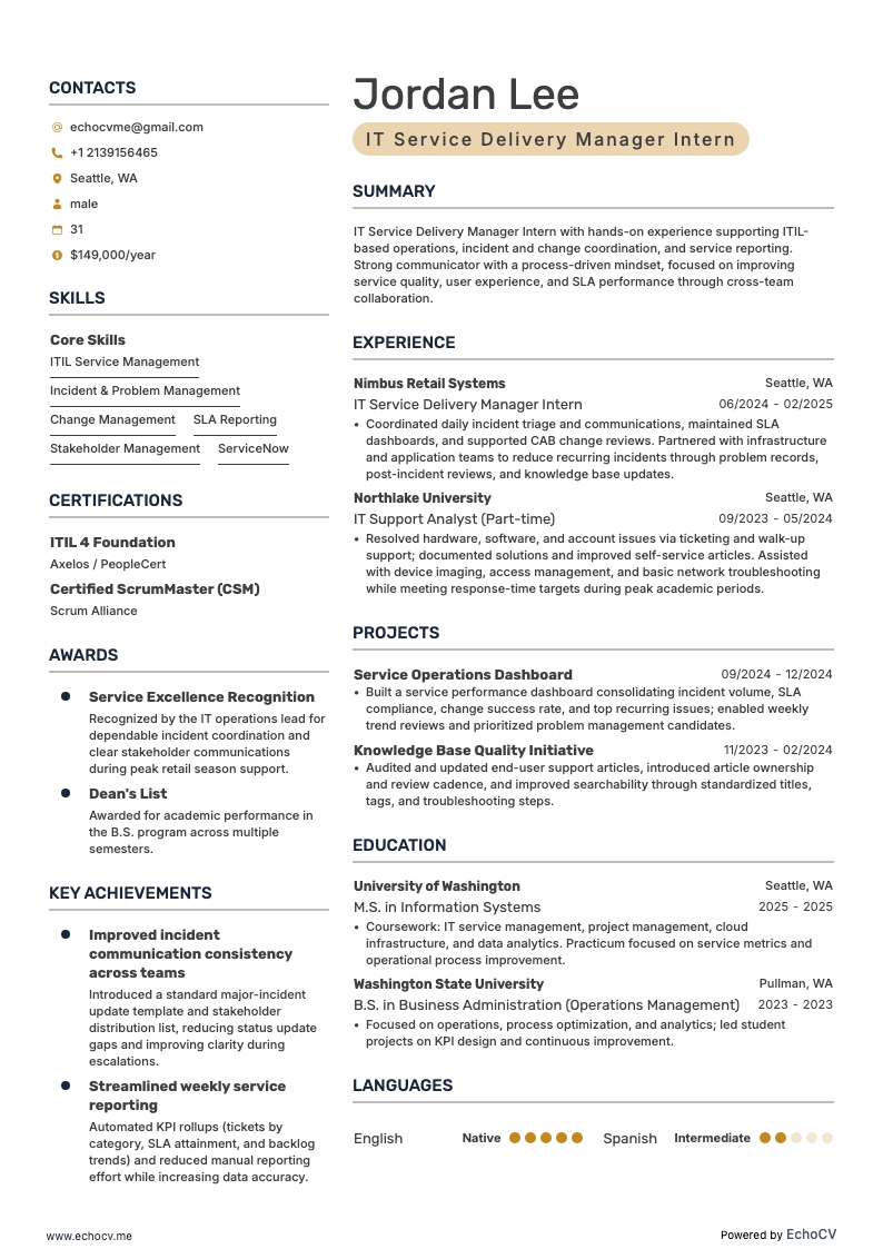 IT Service Delivery Manager Intern example resume