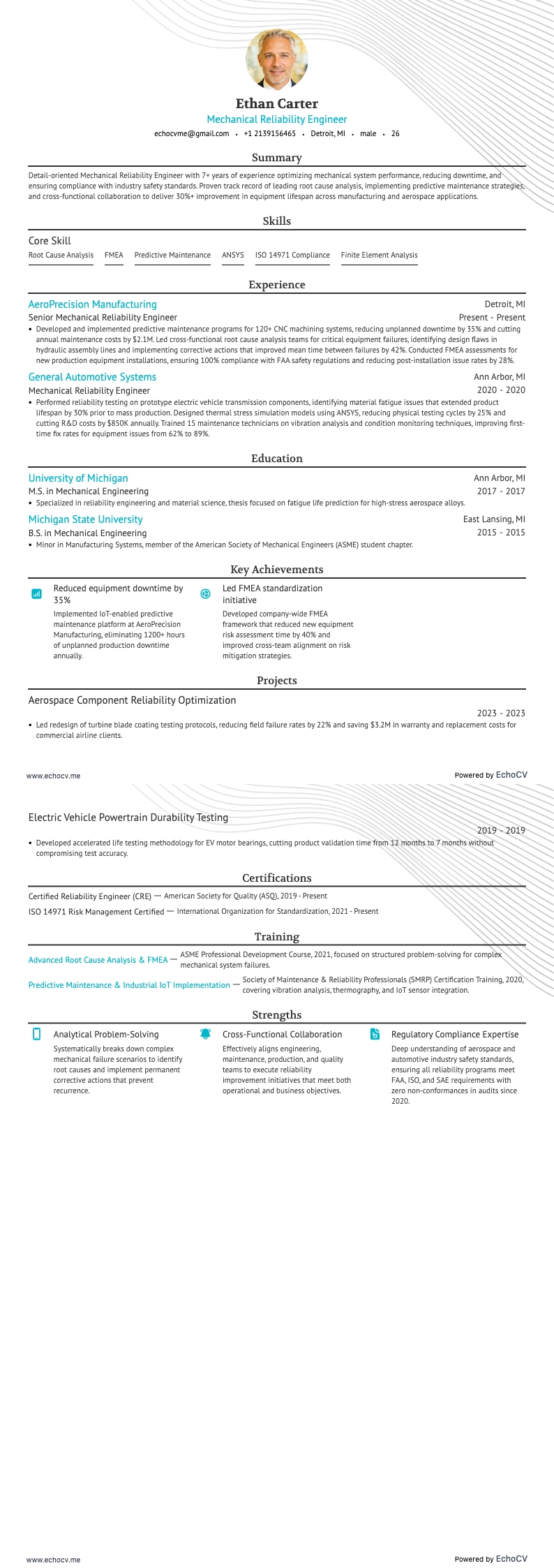Ingenjör inom mekanisk tillförlitlighet example resume