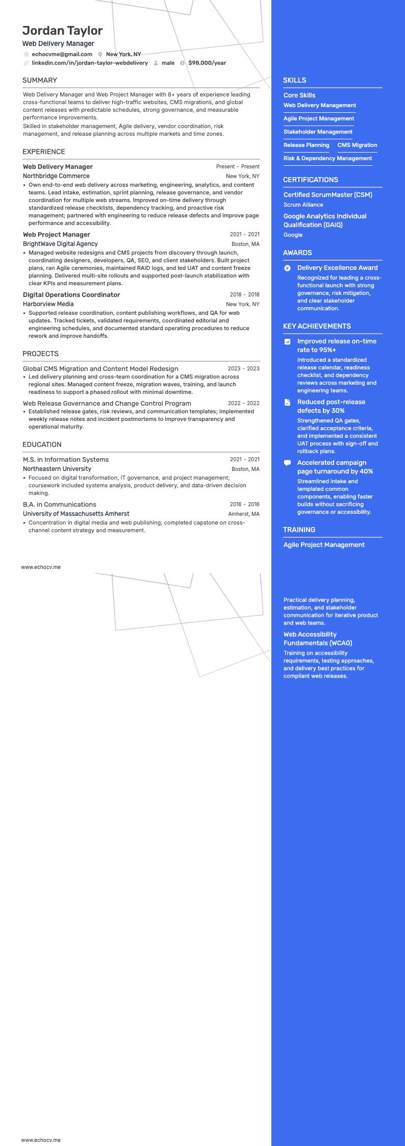 Web Delivery Manager example resume