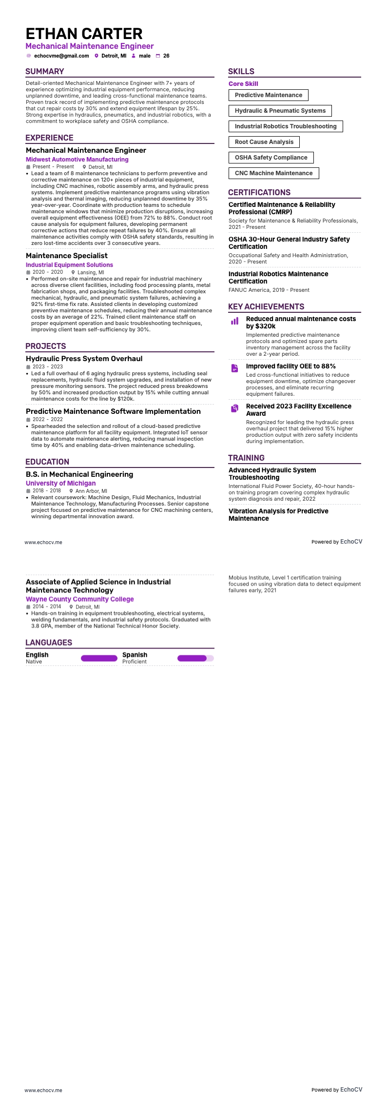 Ingenjör inom mekaniskt underhåll example resume