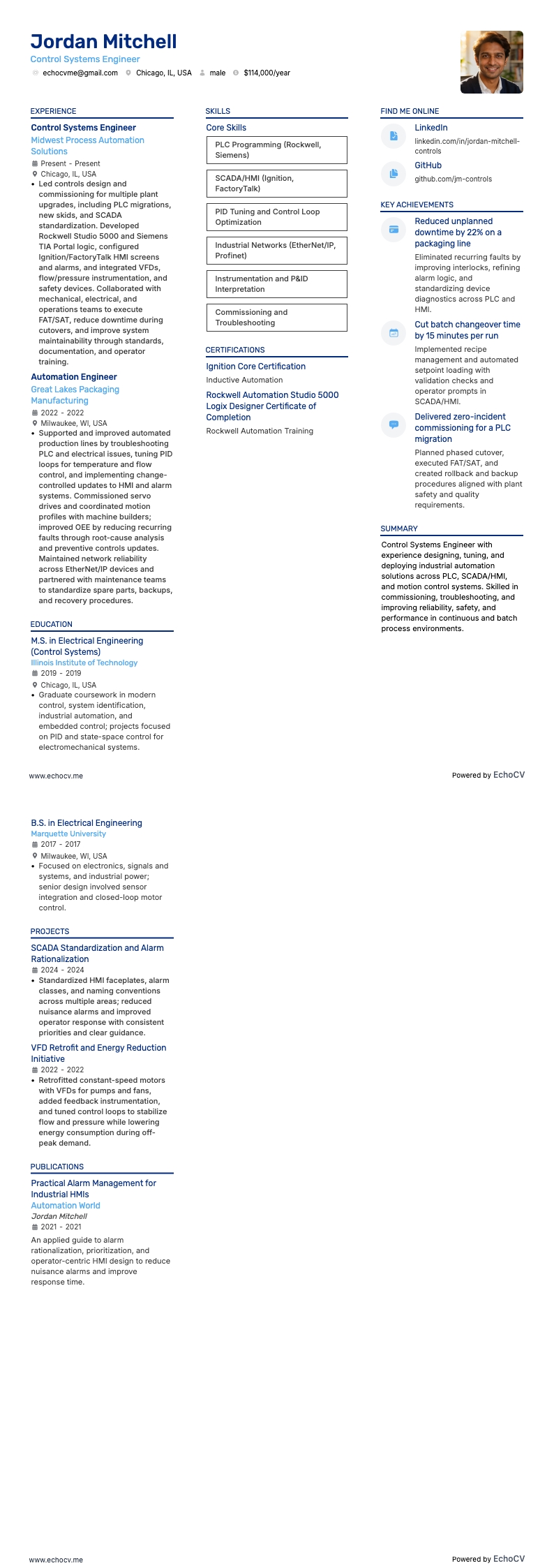 Control Systems Engineer example resume