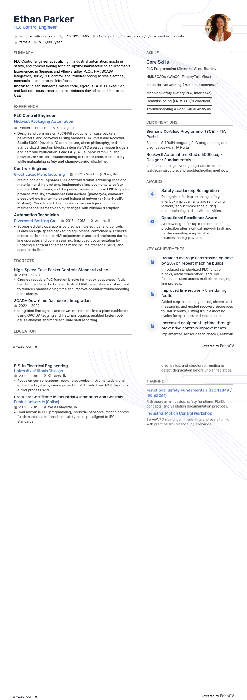 PLC Control Engineer example resume