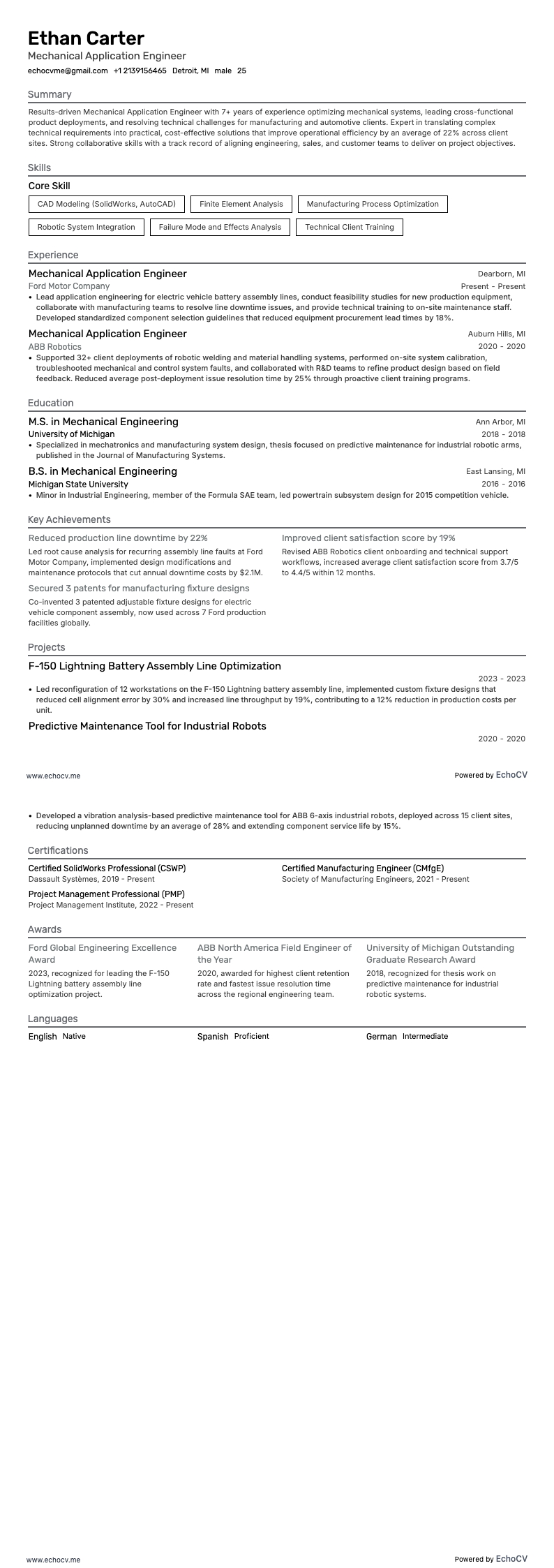 Applikationsingenjör inom mekanik example resume