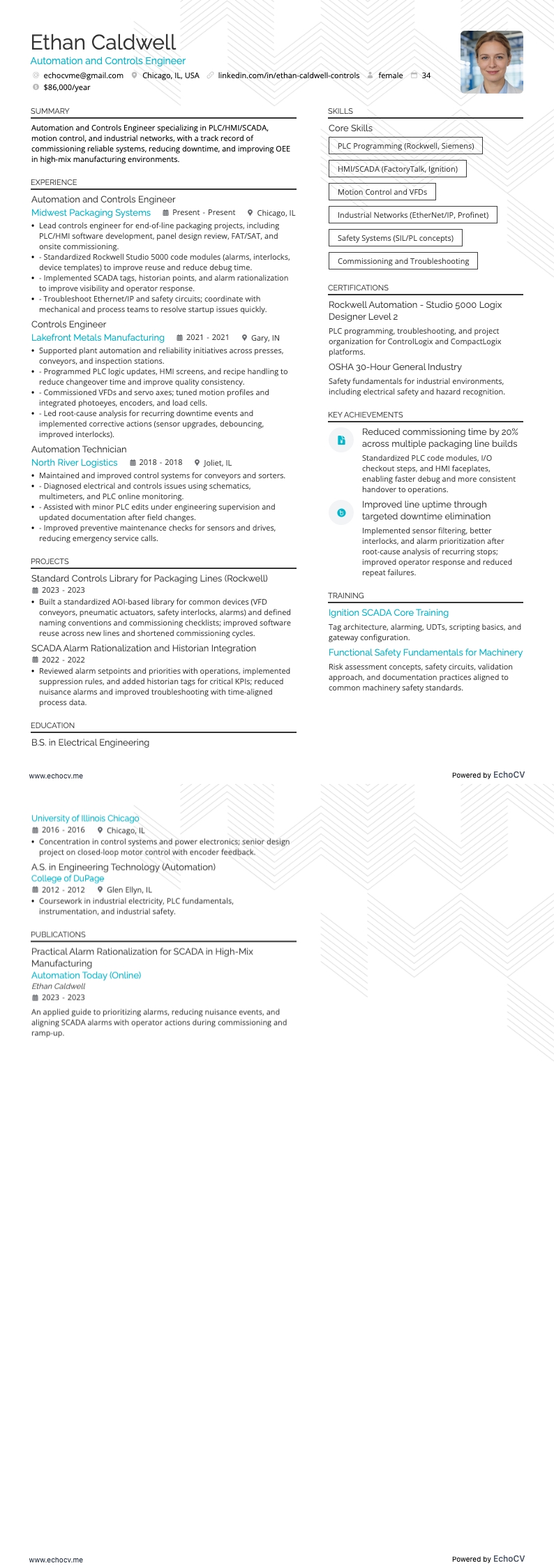 Automation and Controls Engineer example resume
