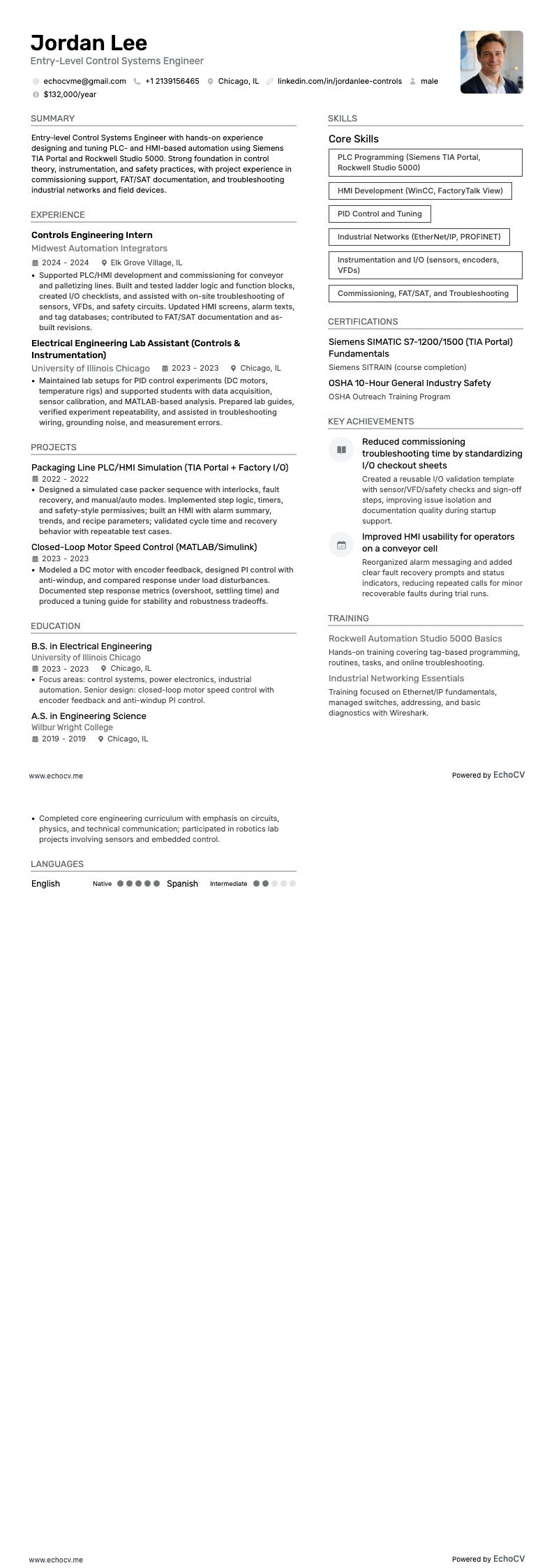 Entry-Level Control Systems Engineer example resume