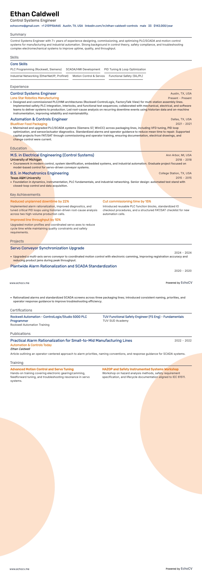 Control Systems Engineer example resume